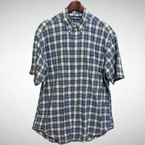 Vintage Polo Ralph Lauren Mens Large Short Sleeve Button Down Blue Plaid Collard
